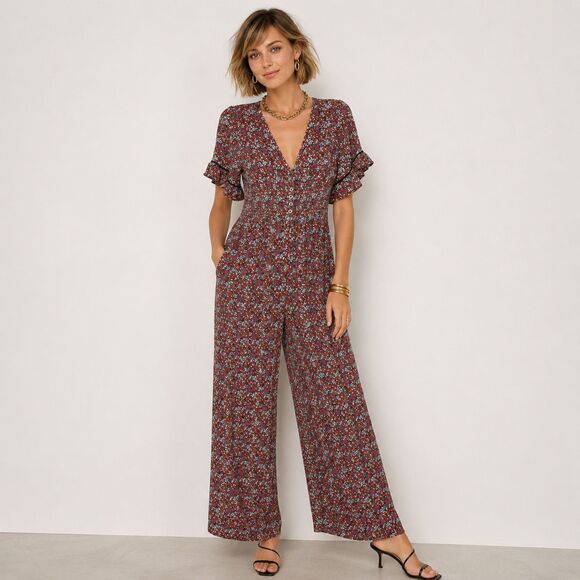 Aqua Pants - AQUA Floral Ruffle Sleeve Smocked Wide-Leg Jumpsuit